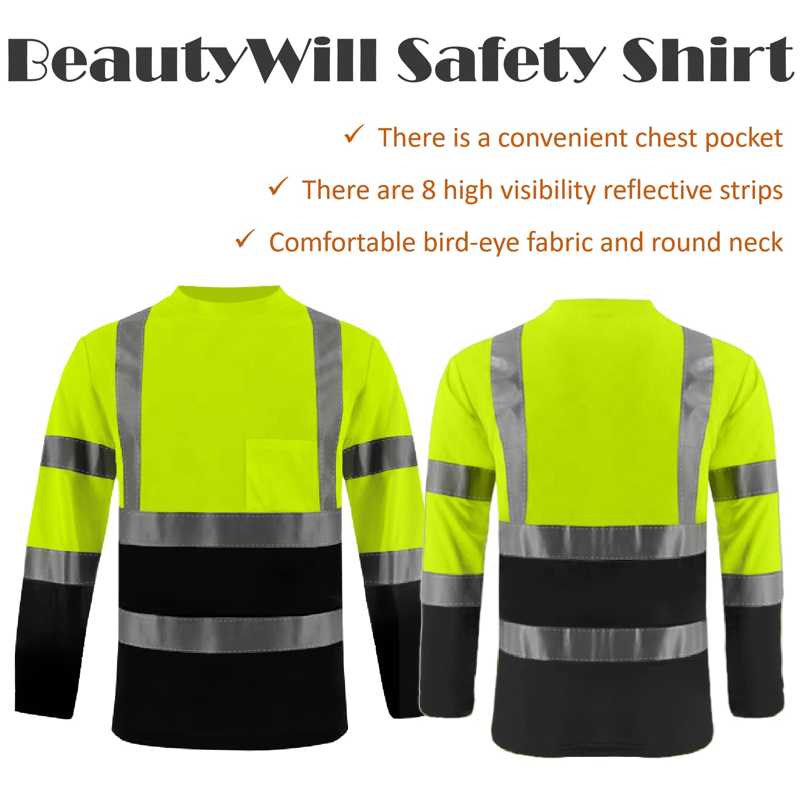 BeautyWill Customize Logo High Visibility Shirts Long Sleeve Class 2 Reflective shirts ANSI with Pocket Safety shirts for Men and Women Black Bottom