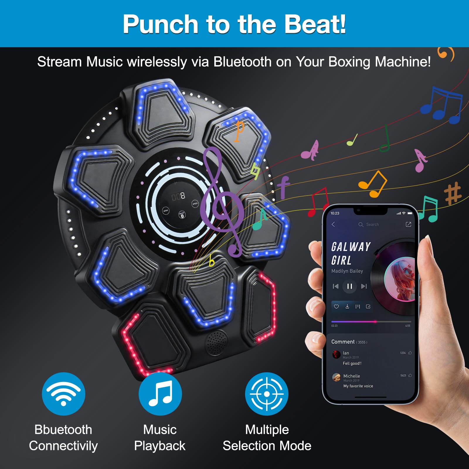 Music Boxing Machine, Bluetooth Music Box con luci a LED, 9 modalità di velocità e modalità di conteggio, macchina elettronica da boxe per bambini/adulti, scatole musicali per casa e palestra