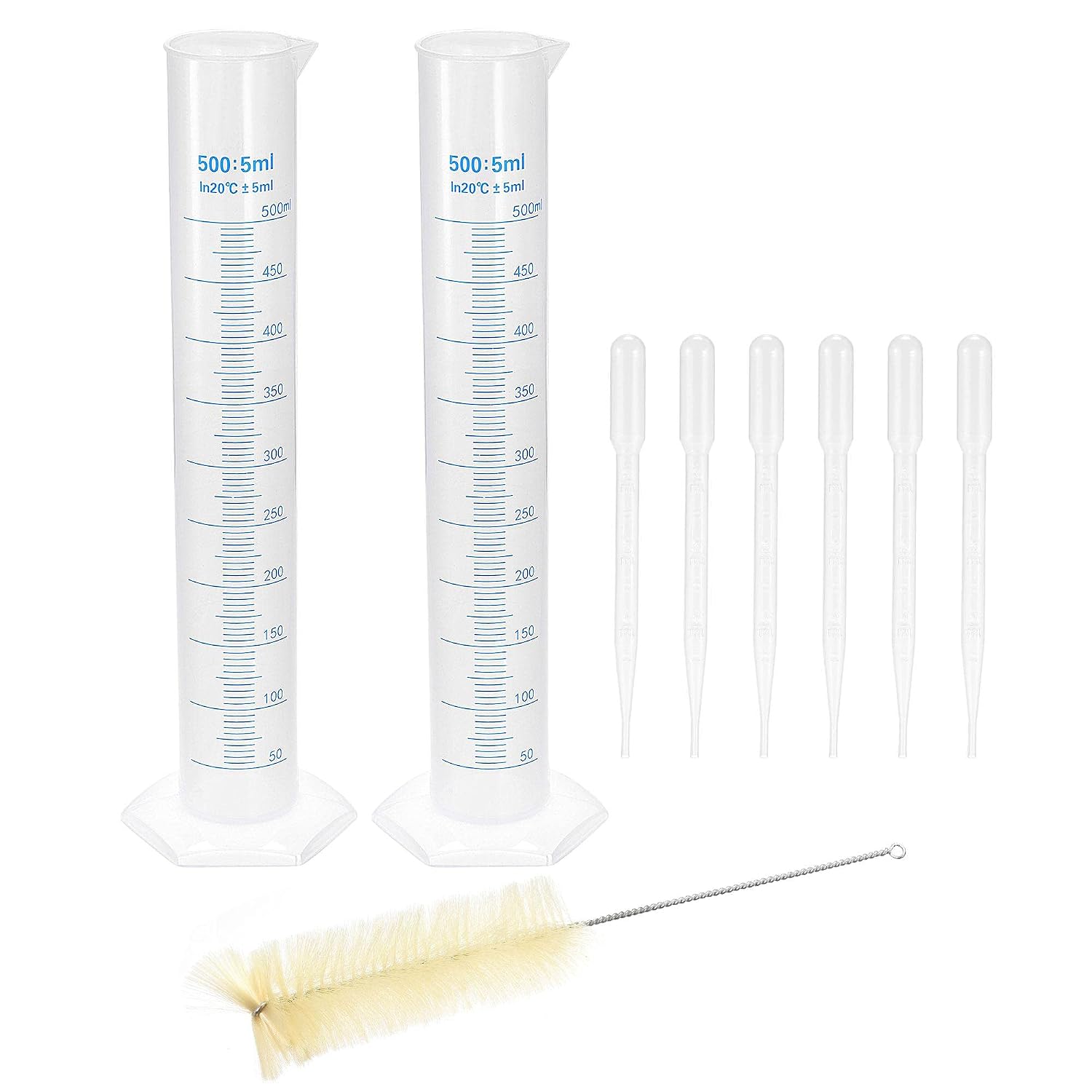 uxcell Plastic Graduated Cylinder, 500ml Measuring Cylinder with 6 Transfer Pipettes and 1 Brush, 9in1 Set for Science Lab