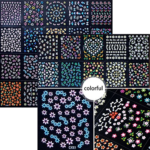 4500 Pieces Flowers Nail Stickers Kit 90 Sheets 3D Mini Nail Art Stickers Black White Colorful Various Patterns Flower Decals Self-Adhesive False Sticker for Women DIY Decor Birthday Party Favors Gift - Image 3
