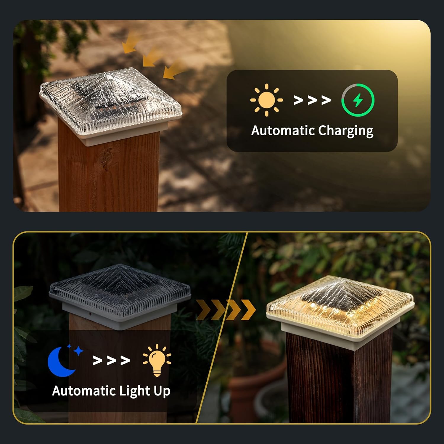 Glass Solar Post Cap Lights with Timber Style - Decorative Deck Fence Lights for 4x4 5x5 Posts Hidden Solar Panel, Modular Design, 10Hr Runtime, IP65, Warm White, White, 4 Pack