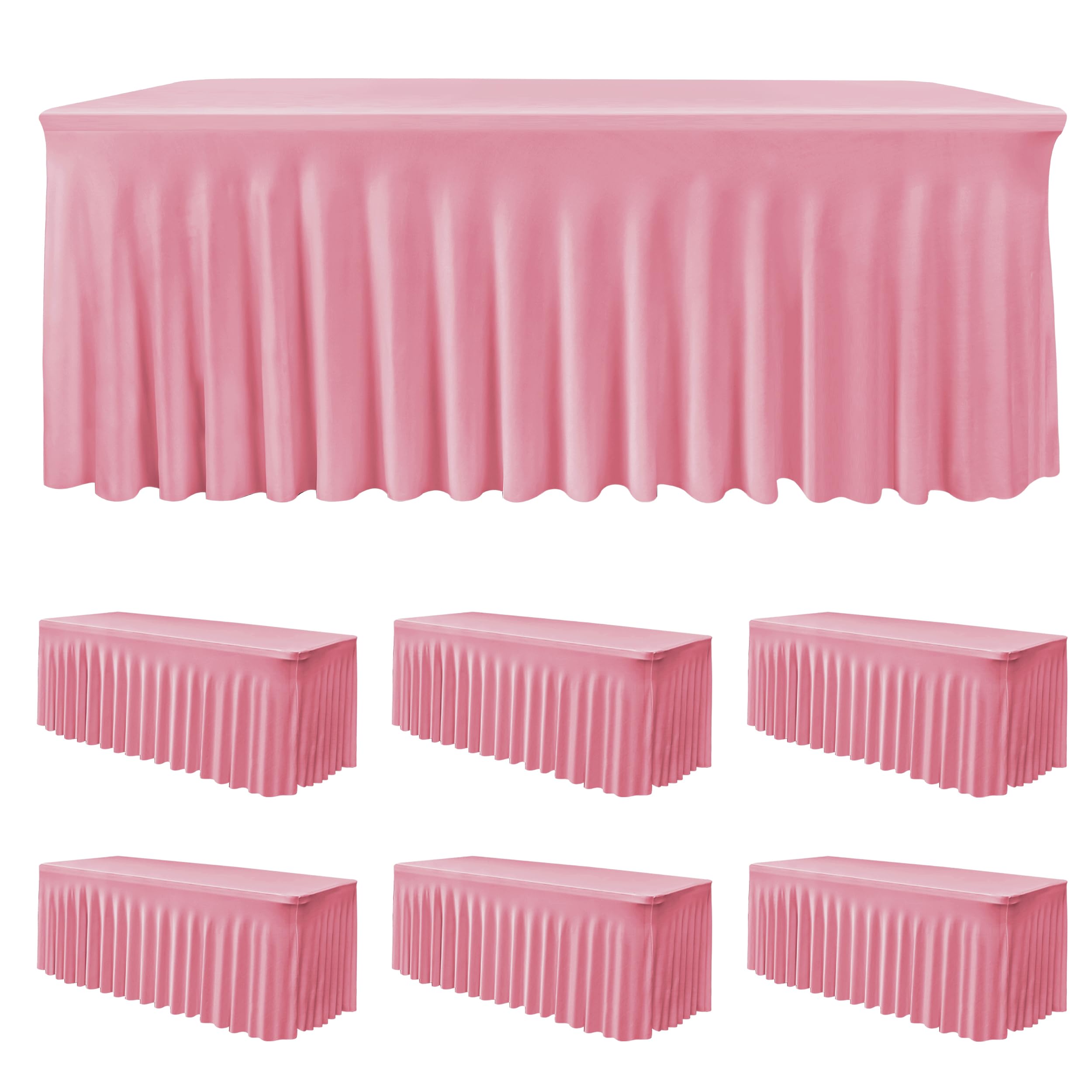 6 Pack Pink Spandex Table Covers 6ft Rectangle Ruffle Skirts for Party