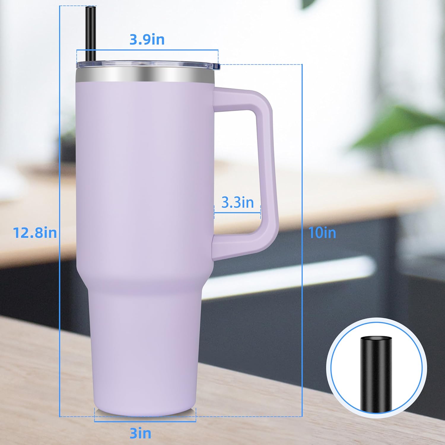 DOMICARE 40 oz Tumbler with Handle and Straw, Stainless Steel Tumbler with Lid and Straw, Reusable Vacuum Insulated Cup, Travel Coffee Mug, Lavender, 1Pack - Image 5