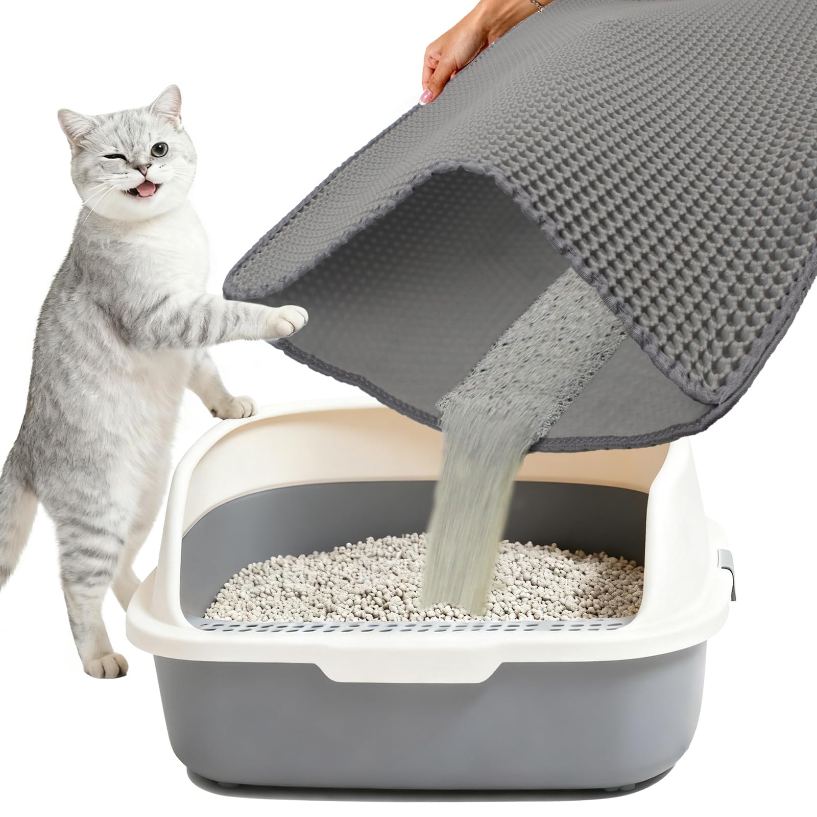 Extra große graue Katzenstreu-Matte (119,4 x 71,1 cm), EVA, doppellagig, wasserdicht und rutschfest, Waben-Design, Anti-Verfolgung, wiederverwendbar und leicht zu reinigen