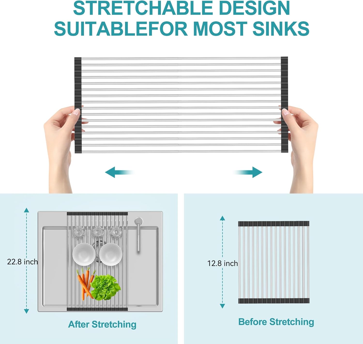 Extra Large Expandable Roll Up Dish Drying Rack,Over The Sink Drying Rack Sink Cover Kitchen Sink Accessories Kitchen Rolling up Stainless Steel Drainer, Foldable,Rollable(Black,25.1''-12.4'') - Image 3