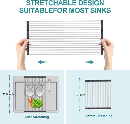 Miniatura 3 de BBXTYLY Escurridor de platos enrollable extra expandible, para colocar sobre el fregadero, accesorios para fregadero de cocina, escurridor de acero