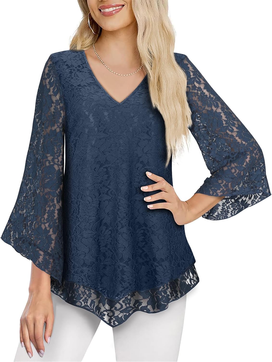 Viracy Womens Dressy Blouse V Neck Double Layers Elastic Mesh Casual Flowy Work Shirts Ruffle 3/4 Flared Sleeve Tunic Tops - Image 2