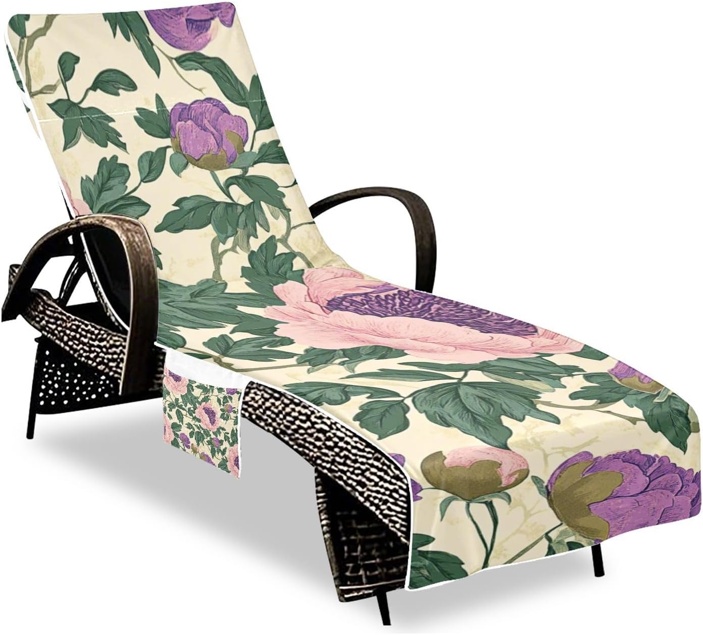 Vintage Poppy Flowers Green Leaves Retro Patio Lounge Chair Covers Soft Absorbent Outdoor Chaise Lounge Cover with Pockets for Outdoor Pool Beach Sunbathing, 85" X 30"