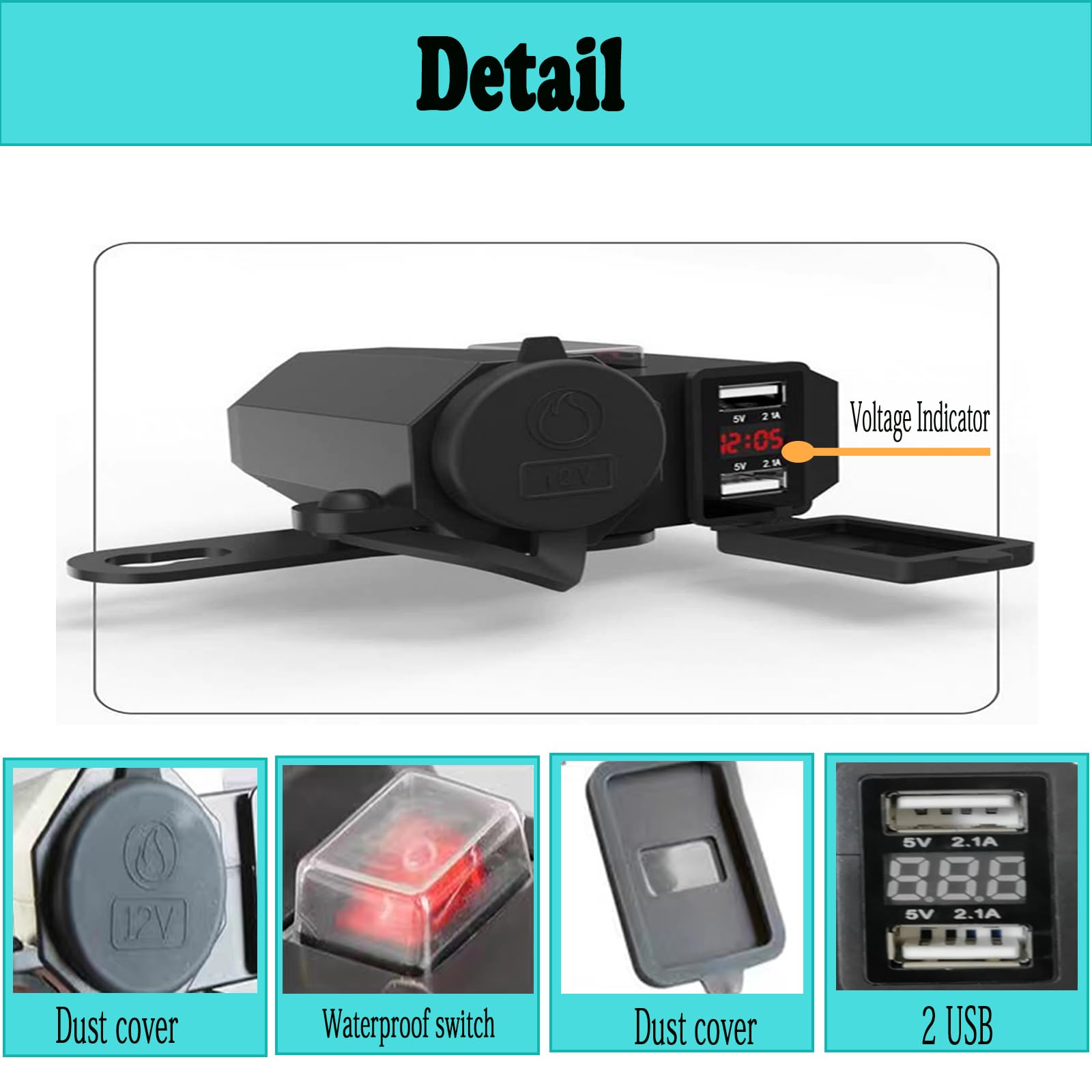 Accendisigari per moto, impermeabile, 12 V/24 V, presa USB, presa per moto, con due porte USB per moto, impermeabile, caricabatteria da auto da incasso (A)