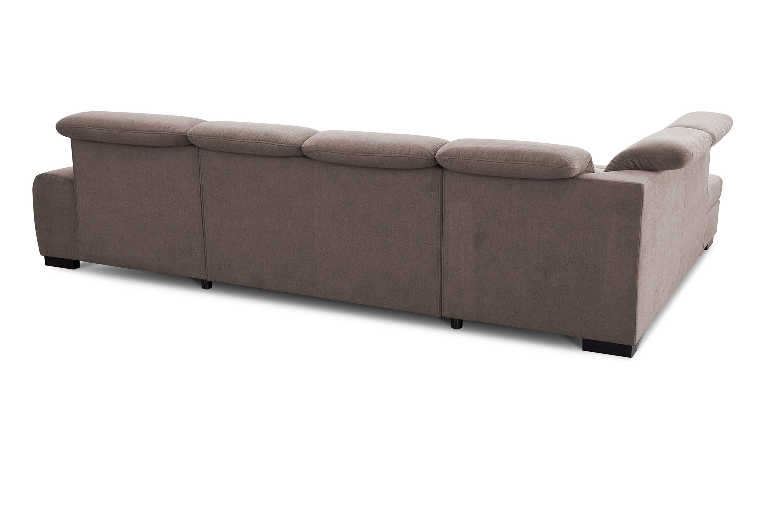 CAVADORE Wohnlandschaft Lexi / Große U-Form mit XXL-Longchair rechts und Kopfteilverstellung / Leichte Fleckenentfernung dank Soft Clean / 329 x 82-99 x 224 / Flachgewebe: Hellbraun