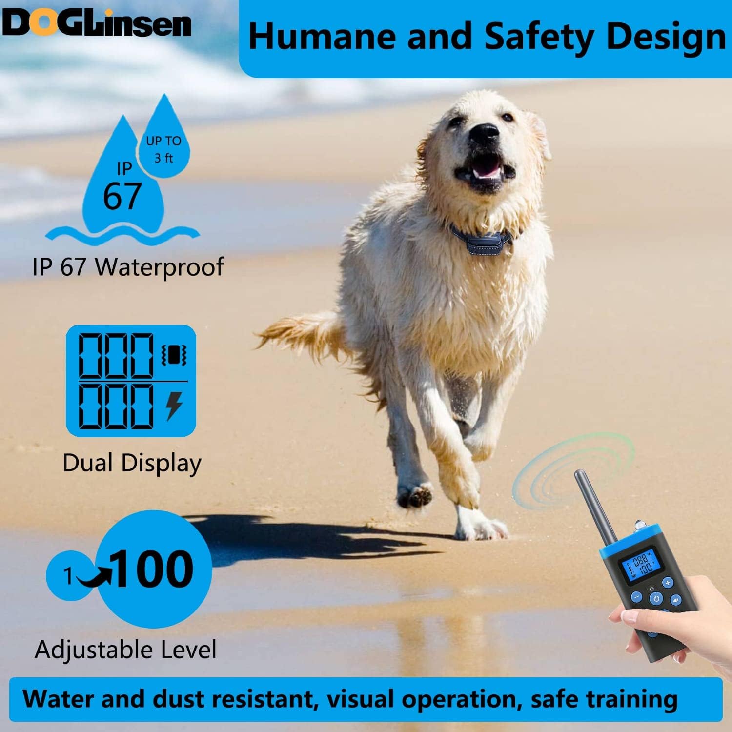 Dog running on a beach with the collar, highlighting IP67 waterproof rating, dual display, and 1-100 adjustable levels.