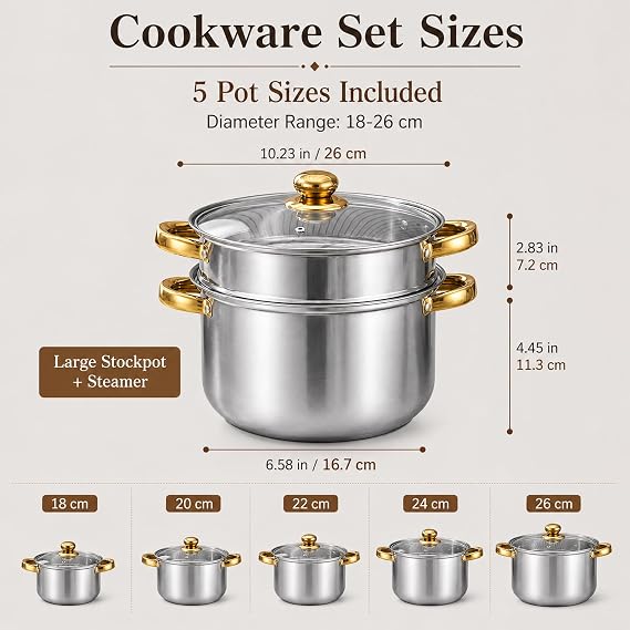 14-Piece Stainless Steel Induction Cookware Set with Nonstick Pots & Pans | Includes saucepans, stockpot, frying pan, steamer, and kitchen utensils. Features stay-cool handles with tempered glass lids