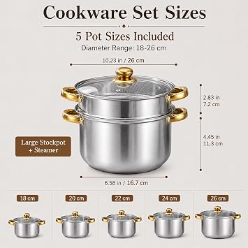 14-Piece Stainless Steel Induction Cookware Set with Nonstick Pots & Pans | Includes saucepans, stockpot, frying pan, steamer, and kitchen utensils. Features stay-cool handles with tempered glass lids