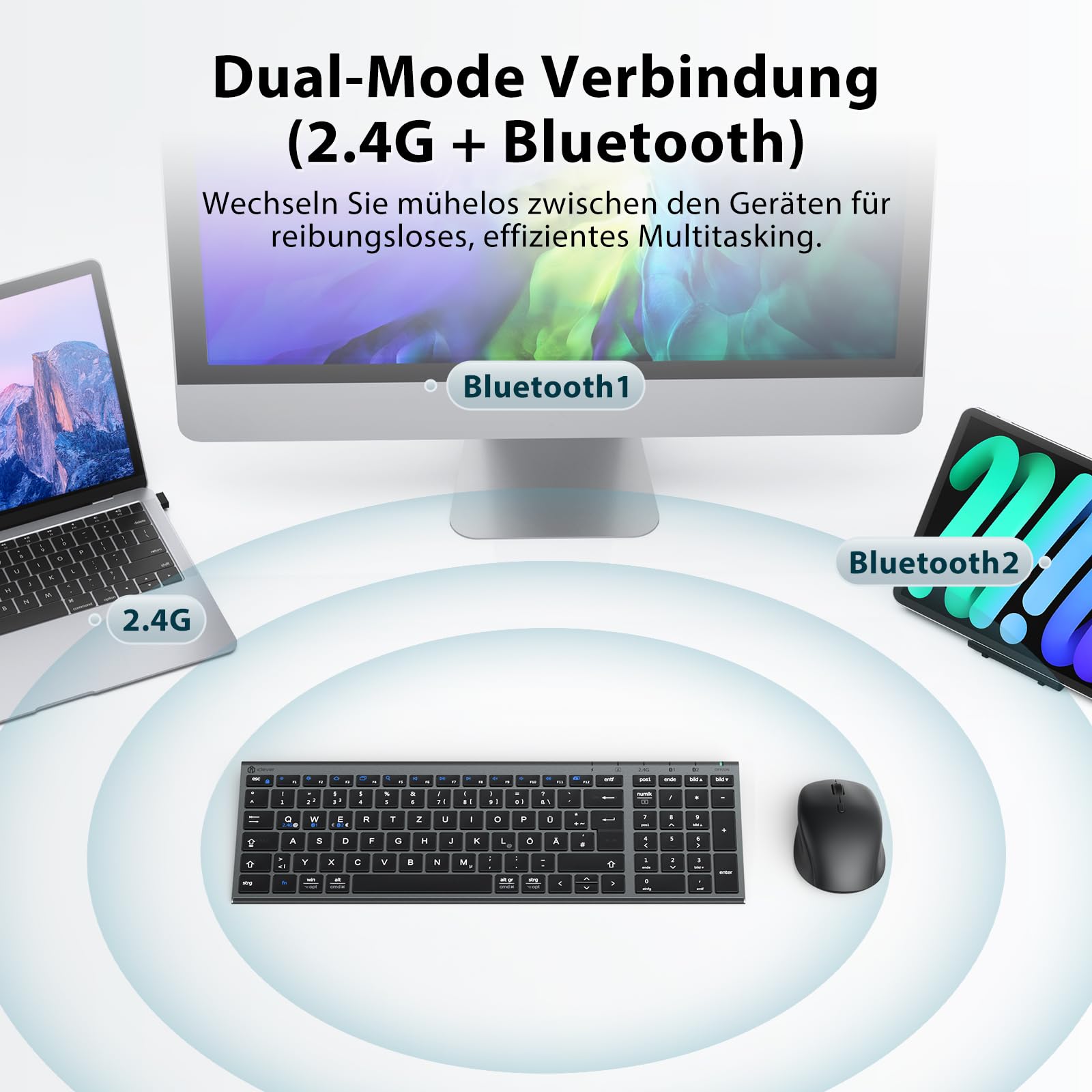 iClever Ensemble clavier et souris sans fil, clavier Bluetooth avec souris, Bluetooth + 2,4 G, 3 appareils simultanément, USB-C, rechargeable, silencieux, QWERTZ pour Windows, Mac, PC, iPad, Android