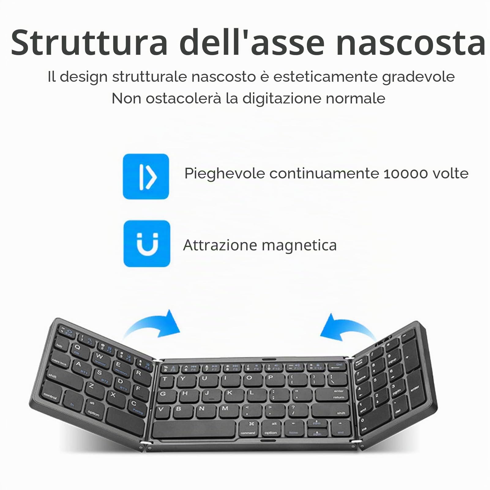 Yunseity Tastiera Bluetooth Pieghevole, Tastiera Wireless Portatile Tripla Piegatura con Tastierino Numerico, Sincronizza Fino a 3 Dispositivi, per iOS, Android e