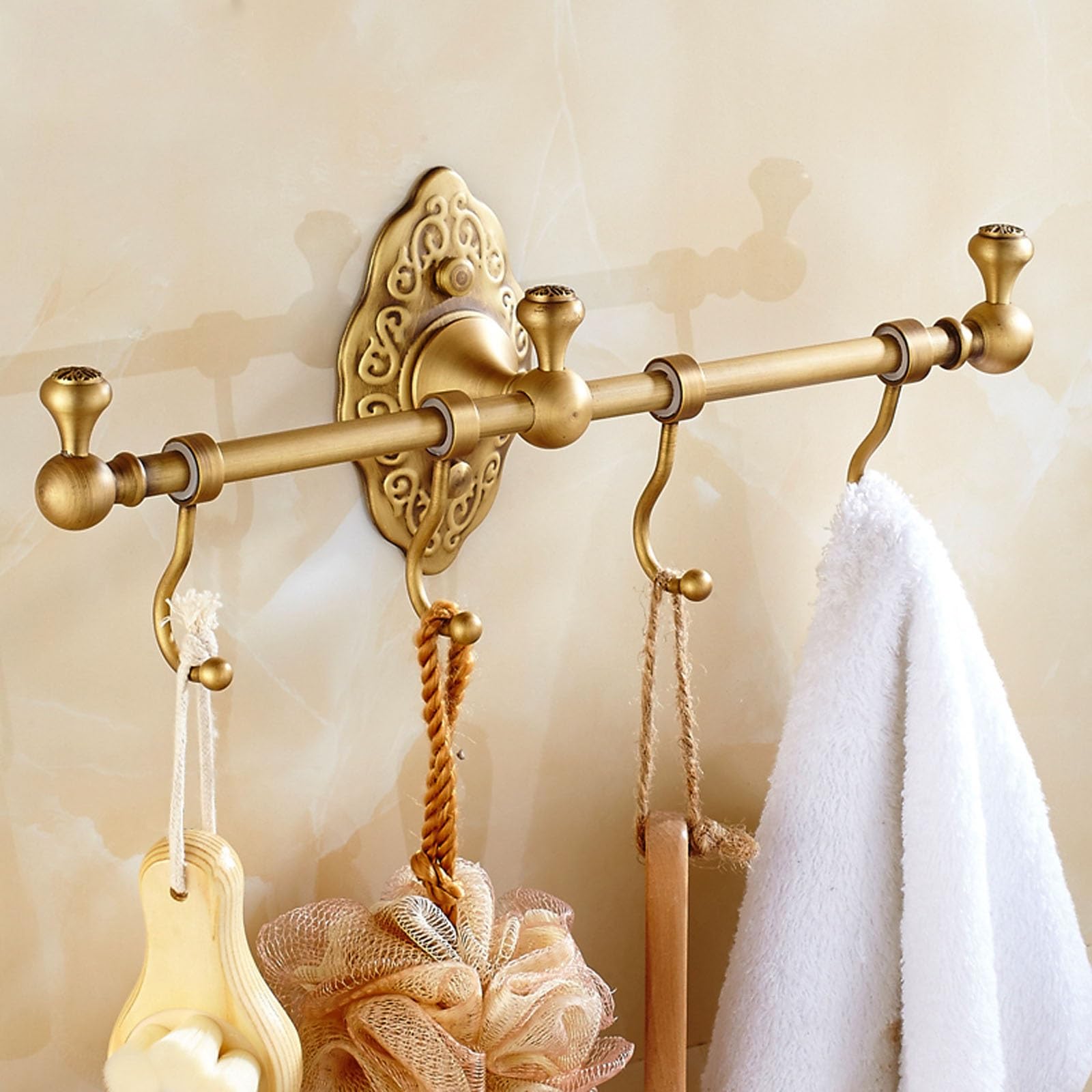 Appendiabiti da parete in ottone anticato vintage con 4 ganci per accappatoi, asciugamani e accessori da cucina