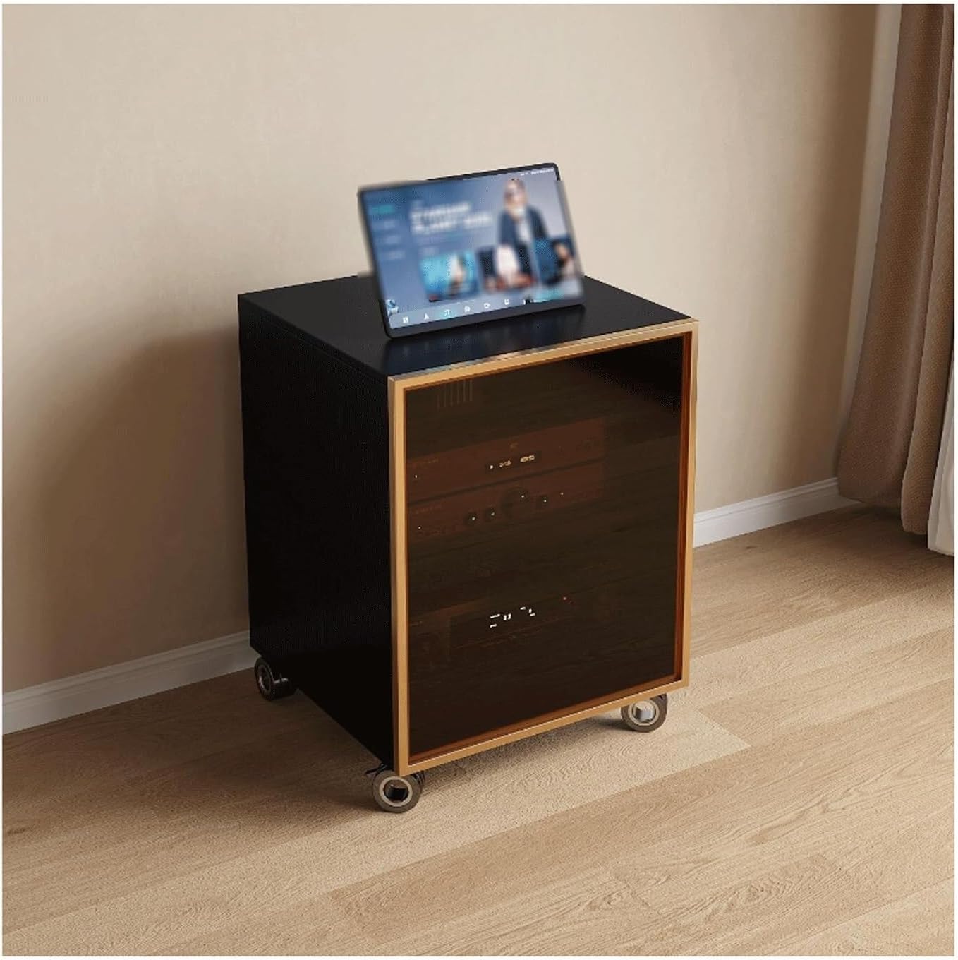 Audio Rack Stand 2/3 Tier Audio-Video Shelving with Glass Doors and Adjustable Shelves Wooden Media Storage Cabinet Stereo Stands(Black,45x55x60cm)