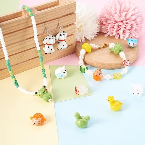 Miniatura 3 de FASHEWELRY 24 cuentas de cristal de animal, 12 estilos, lindas cuentas de lámpara, dibujos animados, rana, mono, pato, conejo, panda, cuentas