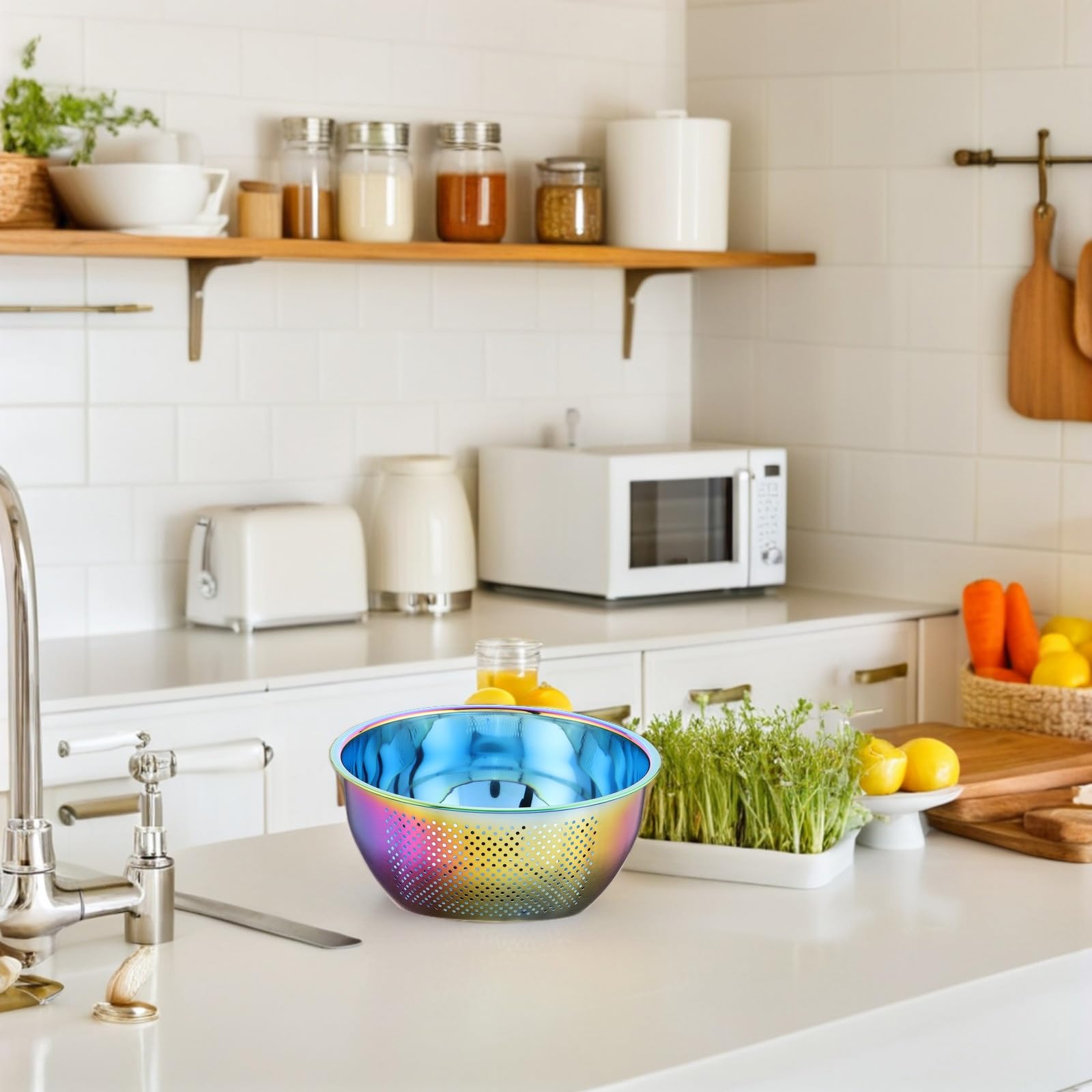 NUOBESTY Colador de Arroz Multifuncional de Acero Inoxidable 304 Escurridor Grande con Fondo Inclinado para Lavar Frutas y Verduras Cedazo de Cocina Iridiscente para Uso Doméstico
