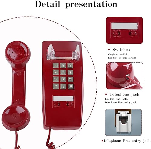 Miniatura 10 de MCKTHO Teléfonos retro de pared, antiguo teléfono fijo con sonido mecánico fuerte, teléfono vintage con cable de pared con volumen ajustable para el
