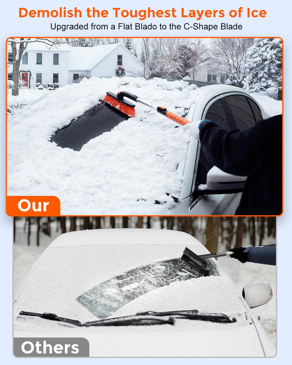 DooGooCoo [Actualización] Rascador de hielo y cepillo de nieve extensible para parabrisas de coche [resistente de grado militar] – Cabezal de cepillo giratorio de 360° con agarre de silicona para una