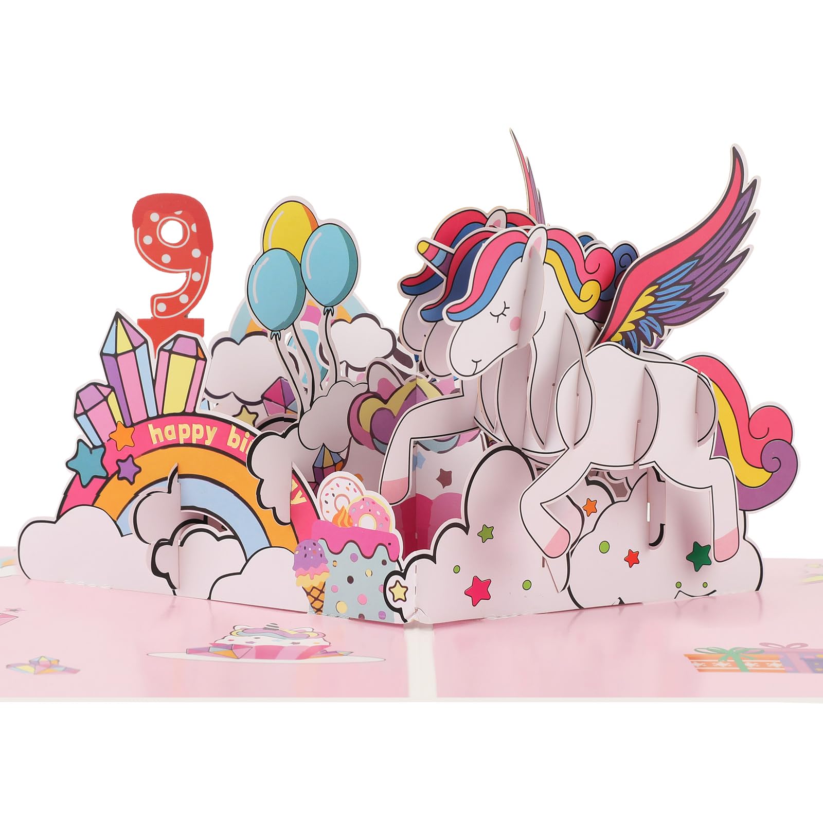 Pop up 9th Birthday Card for Girl, 3D Unicorn Birthday cards for 9-year-old daughter, granddaughter, niece, kids with Envelope & Notecard
