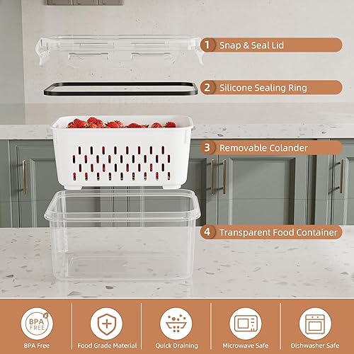 Miniatura 4 de Paquete de 10 recipientes de almacenamiento de frutas para refrigerador con coladores extraíbles, recipientes de almacenamiento de alimentos