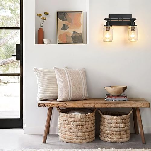 Miniatura 5 de Lámpara de tocador negra para baño, 2 luces de tarro de masón, lámpara de tocador industrial vintage, lámpara de pared de tubería de cocina, lámpara