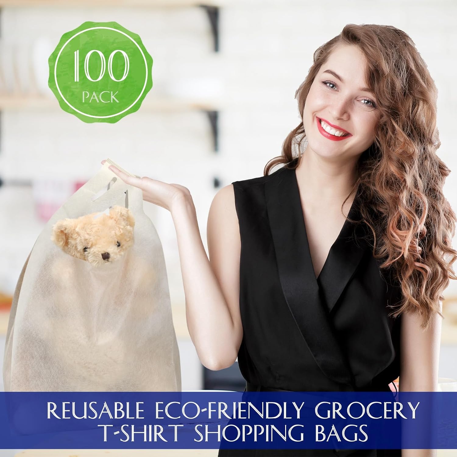 Windyun Large Grocery T-shirt Bags Bulk Reusable Non Woven Shopping Bag Foldable Gift Tote with Handle, 21x11x6 Inch - Image 2