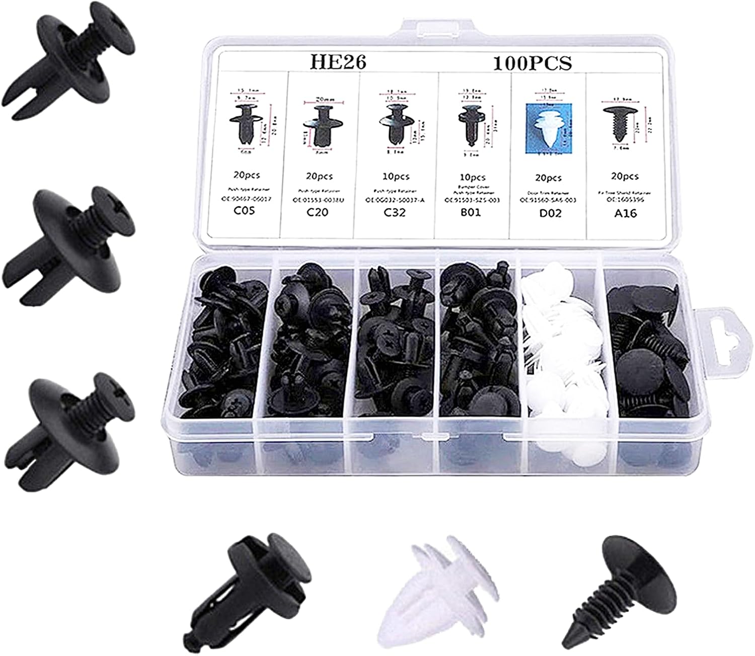 GAOLAOSY 100PCS Universal Car Bumper Retainer Clips, 6 Sizes Plastic Push Pins Rivets Kit with Storage Box - Durable Auto Trim Fasteners