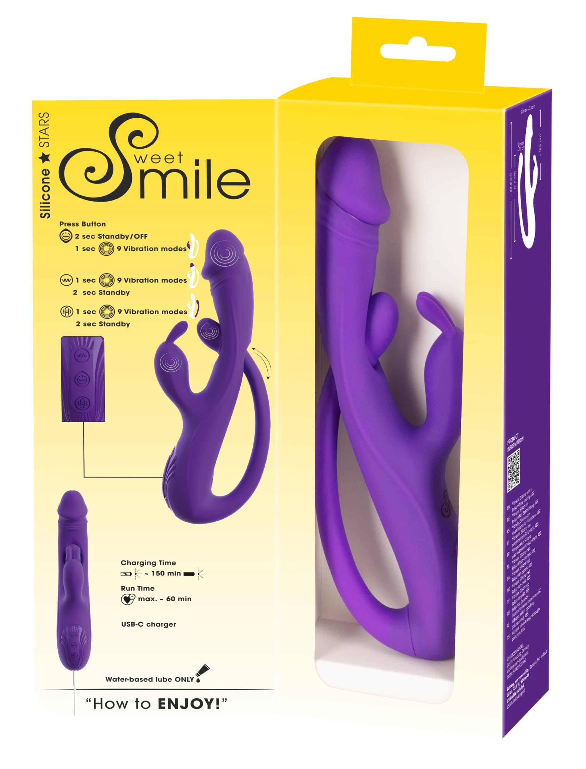 Sweet Smile Vibratore clitorideo coniglio con massaggio G-Spot e Tickler, tripla azione con 3 motori silenziosi, 3 x 9 modalità, silicone, controllabile separatamente, ricaricabile USB-C