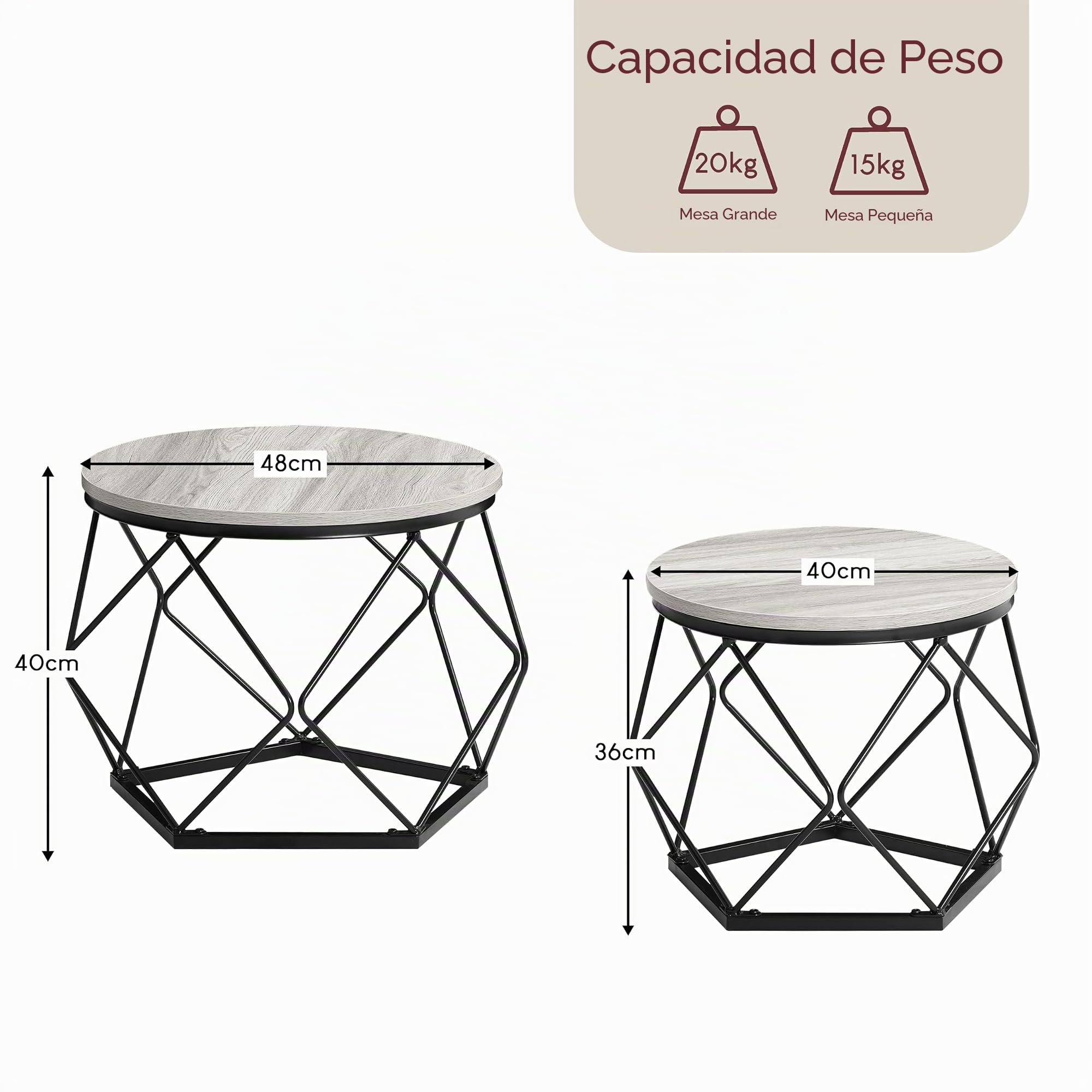 Vida Designs Brooklyn - Juego de 2 mesas auxiliares Redondas, Marco de Acero Moderno, Muebles de Sala de Estar (Gris)