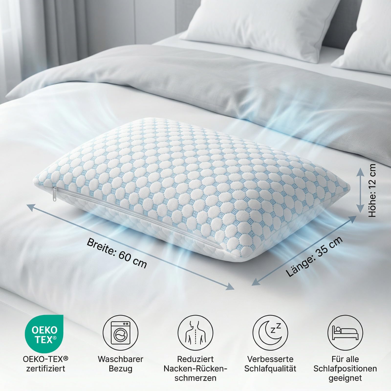 Kühlendes Kopfkissen 40x80 mit Kühlfunktion, Memory Foam Kissen ergonomisch, Nackenstützkissen für Seitenschläfer, hitzeregulierend gegen Schwitzen, Sommer Kopfkissen 40x80 höhenverstellbar