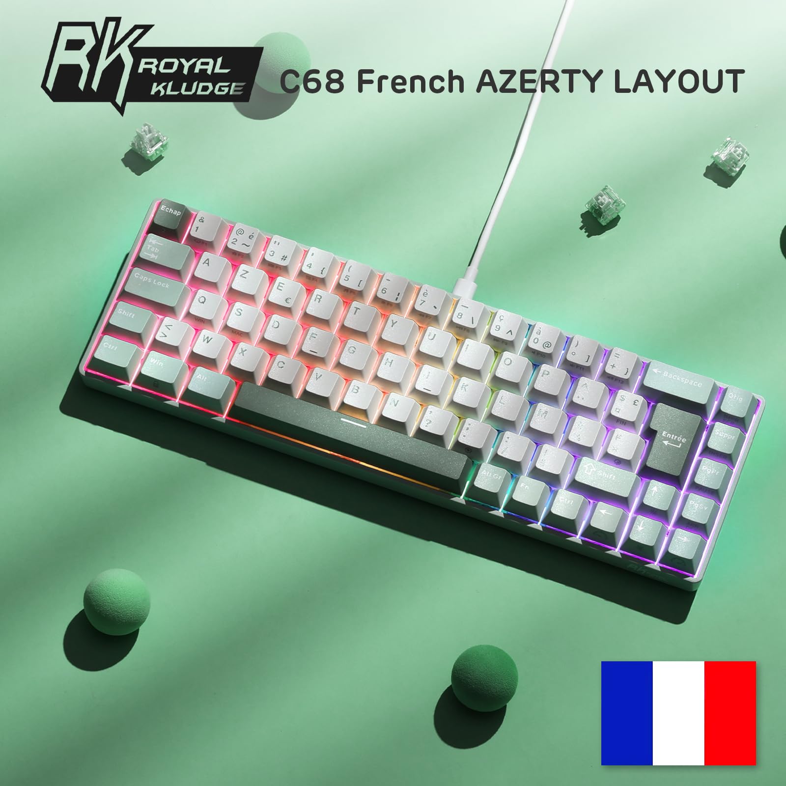 RK ROYAL KLUDGE C68 FR Clavier mécanique jeu effet Hall, filaire RGB commutateur magnétique 65%, chaud, déclenchement rapide, taux de rafraîchissement 8KHz, pilote Web Pro pour Mac&Win, French AZERTY