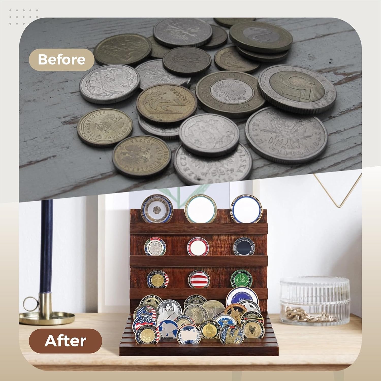 Solid Wood Coin Holder Display, Tiered L Shaped Collection Rack for Veterans and Collectors, Challenge Coin Display Stand, Versatile Collectibles Holder for Coins, Badges, Pins, Home Office Decor image 5