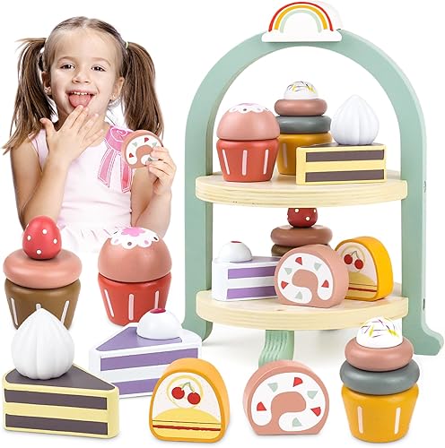 Airlab Juego de pastel de juguete para niños pequeños, comida de madera para niñas, accesorios de cocina, cupcakes, fiesta, juego de simulación para