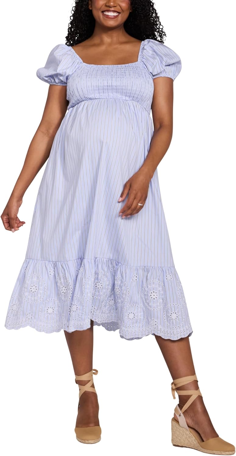 Motherhood Maternity Women's Square Neck Puff Sleeve Smocked Midi Pregnancy Dress