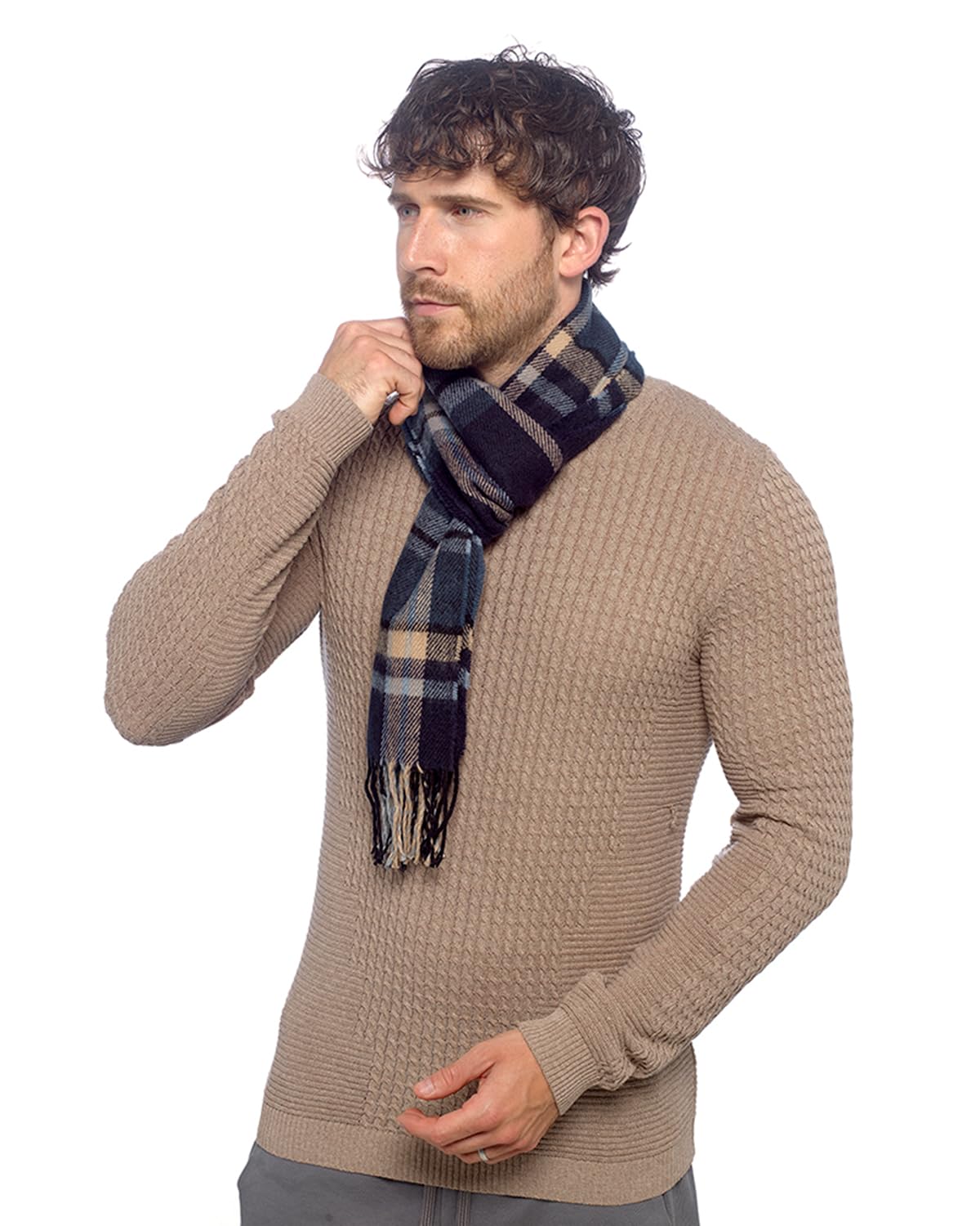Undercover Mens Woven Check Scarf GL382A Beige/Navy Check