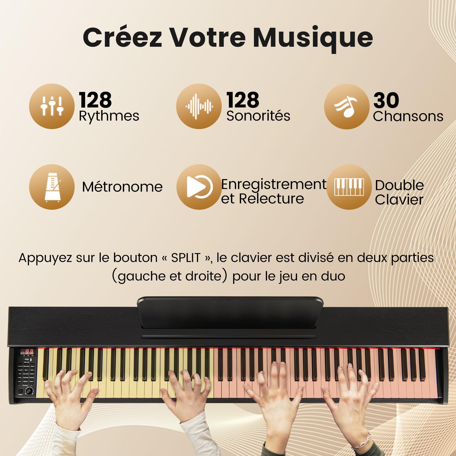 COSTWAY Piano Numérique 88 Touches, Clavier Piano Électrique Lesté avec Triple Pédales, Mode Double Clavier, USB MIDI, Haut-Parleurs Stéréo, Prises Casque, 128 Rythmes & Sonorités pour Débutants