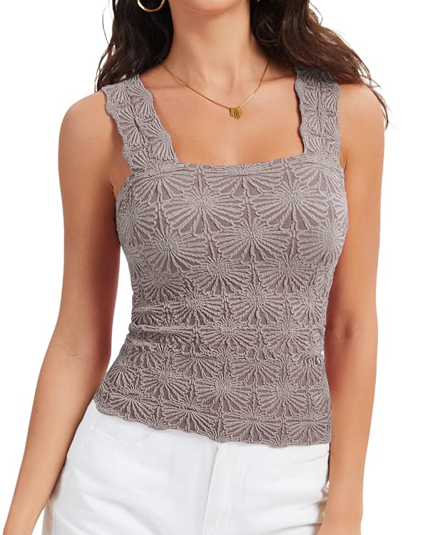 Women's Cute Summer Crop Tank Tops Square Neck Floral Cami Light Brown by LAOTEPO - Used condition - US$13.01