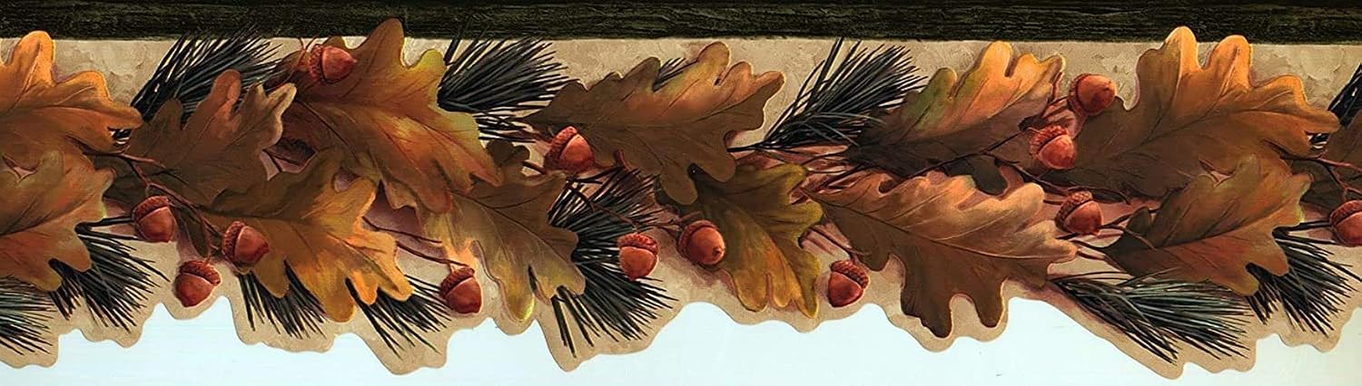 CONCORD WALLCOVERINGS ™ Oak Leaf & Acorn Wallpaper Border, 6.5" x 15' Rustic Woodland Nature Theme, Prepasted Die Cut Trim, Warm Green Gold Tones for Cabin or Country Kitchen Decor #LL50121B