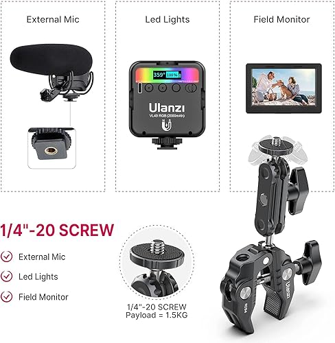 Miniatura 8 de ULANZI Super Clamp - Soporte de abrazadera para cámara monitor de 360°, brazo mágico, adaptador de cabezal de bola doble con rosca de 1/4"-20