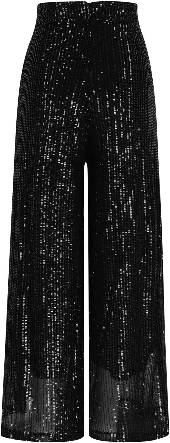 Women's Summer Sequin Trousers High Waist Sparkly Lounge Pant Pleated Wide Leg Shiny Pants Going Out Party Outfits