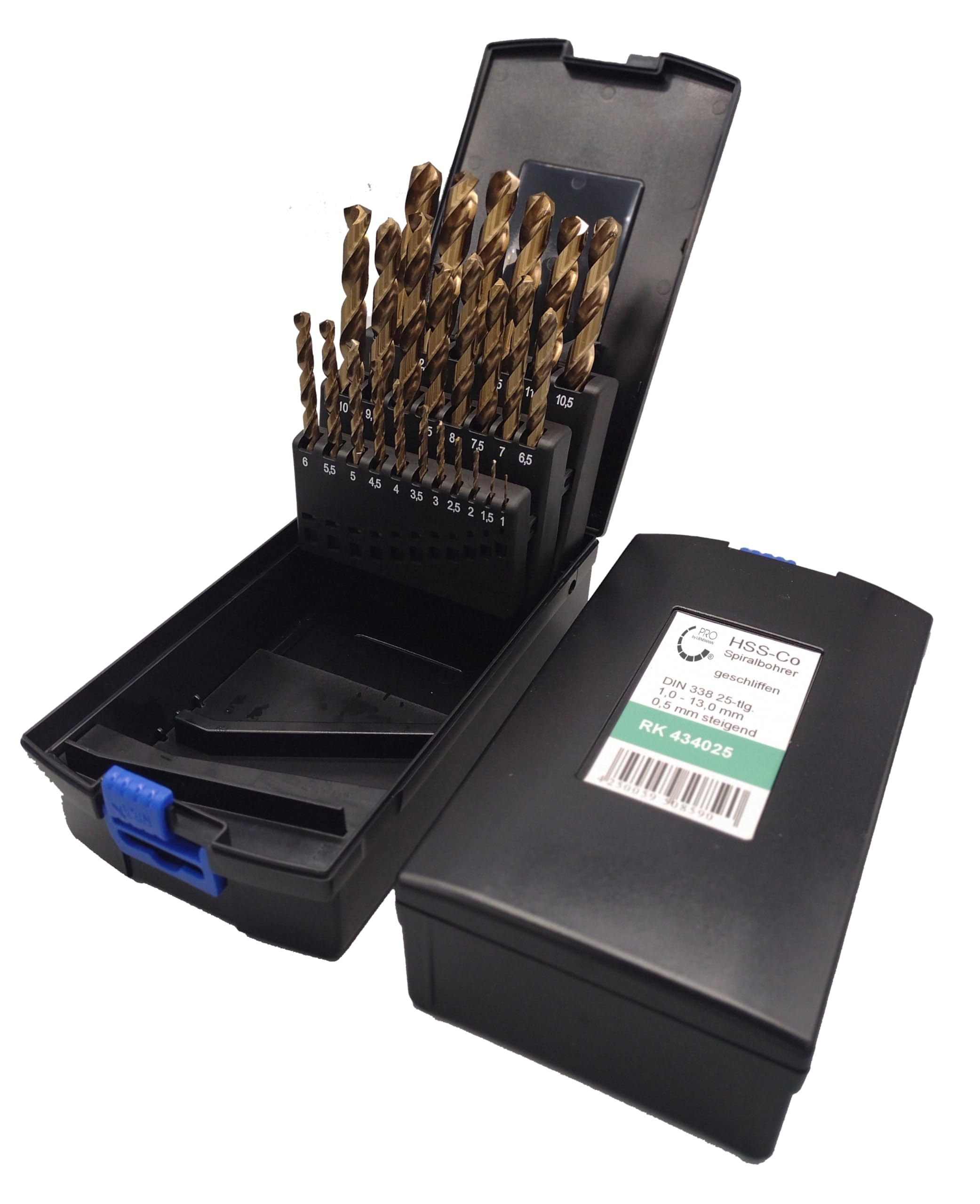 RK434025 - Juego de brocas para metal (acero inoxidable, 1 – 13 mm, 25 piezas, HSS Cobalt, cassette DIN 338, tipo N, broca de metal profesional, número de referencia RK434025)