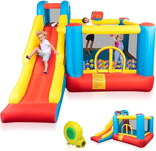 JOYMOR Casa de Rebote Inflable, Castillo Hinchable para Saltar con Centro de Juego y Soplador de Aire, Tobogán Saltarín, Adecuado para Bebés