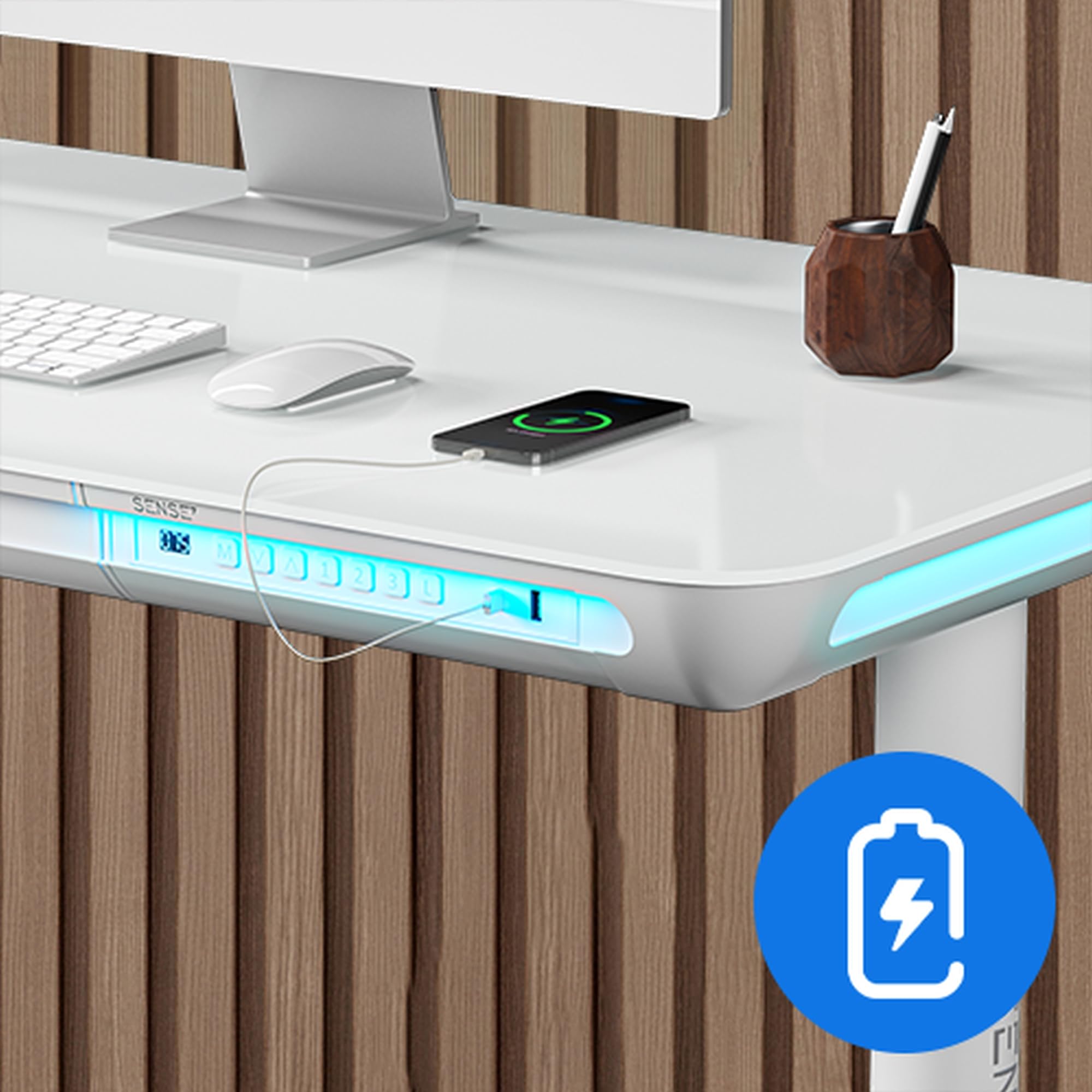 SENSE7 Nomo LED Gaming Schreibtisch, 120x60cm, Höhenverstellbar, USB-C, USB 3.0, Glas, Schublade, Haken, Modern, Weiß, Erwachsener, Home Office, Büro, Lernzimmer, Wohnzimmer