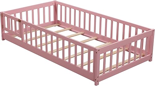 Miniatura 8 de Marco de cama de suelo de tamaño individual para niños, camas Montessori de madera con barandillas de valla y listones de apoyo para niños, cama de