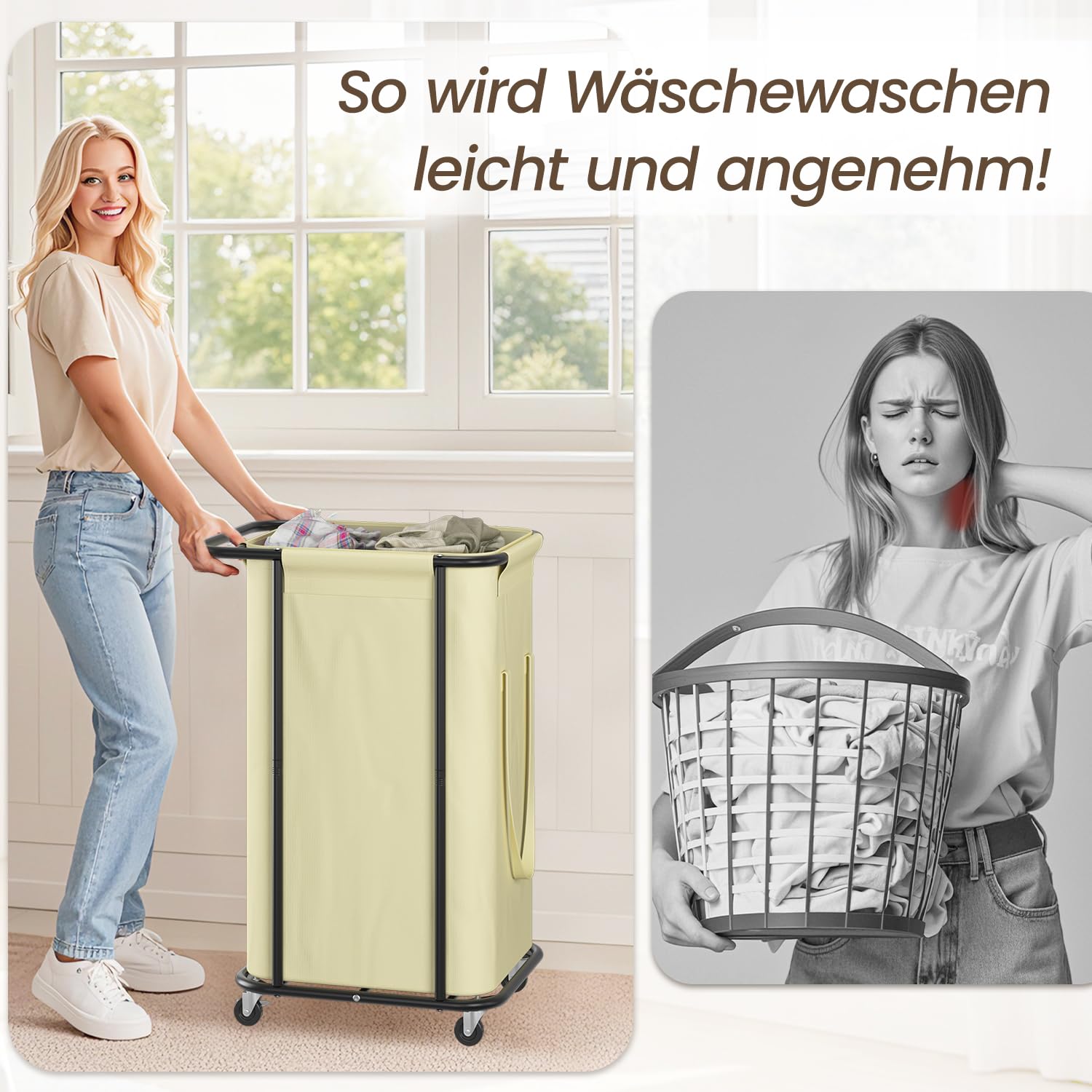 LASZOLA - Cesta grande para ropa sucia con ruedas, 120 L, con bolsa de lona extraíble, carrito de lavandería moderno de metal resistente para baño, lavandería, dormitorio, beige