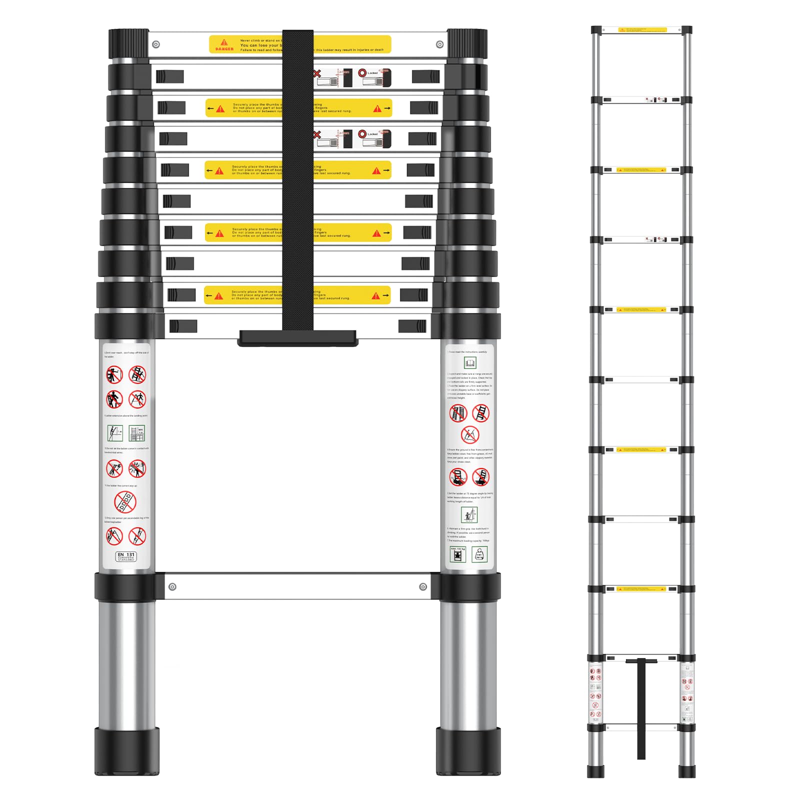 Teleskopleiter, Ausziehleiter mit 11 Sprossen, Max. Arbeitshöhe 3,95 m, Mit Klettverschluss, Leicht zu Verstauen & Transport, Klappbar, Platzsparend, Belastbar bis 150 kg (Leiterlänge 3,2 m)