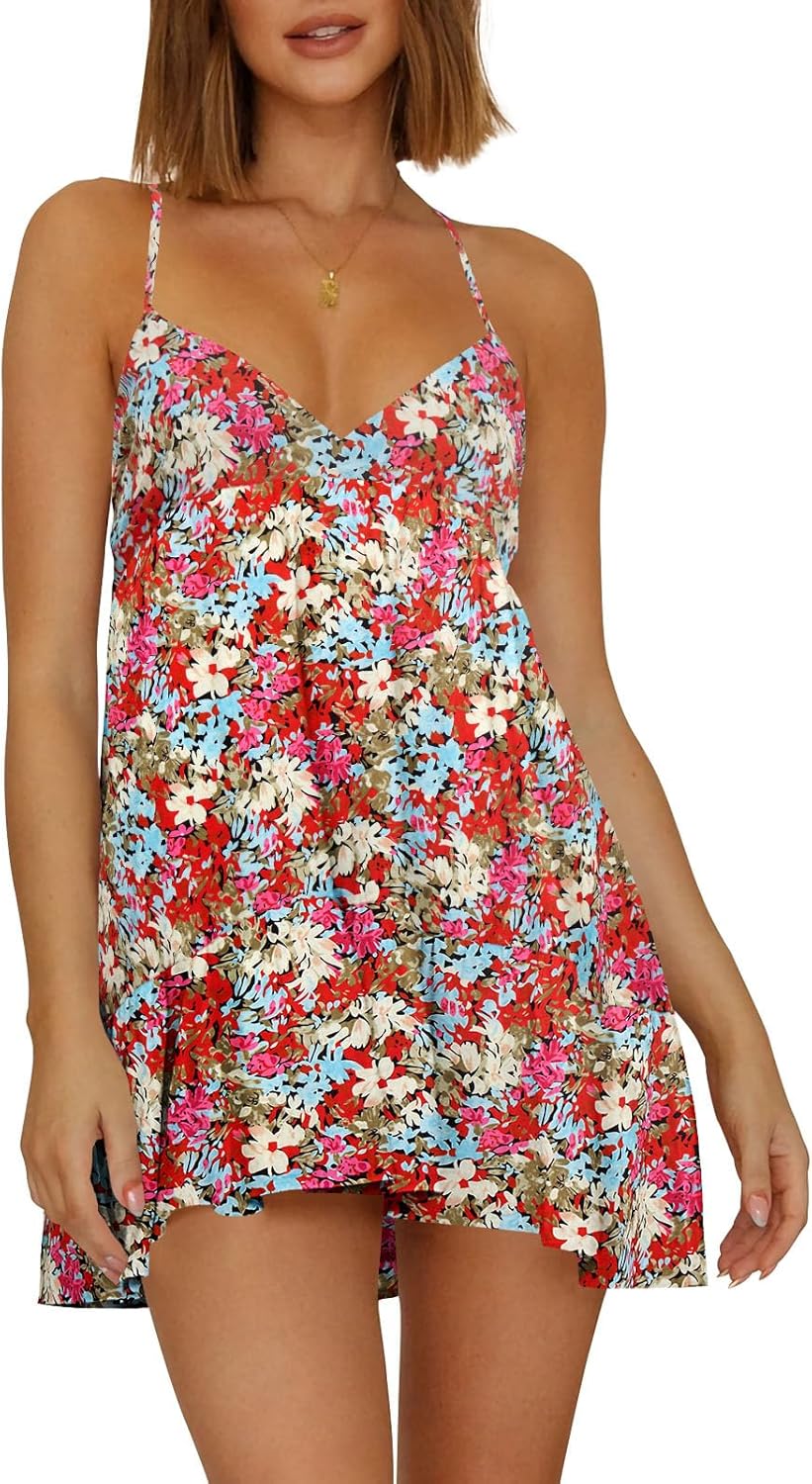Womens V Neck Crisscross Backless Dresses Tie Back Sleeveless Ruffle Hem Flowy Swing A-Line Vintage Summer Mini Dress